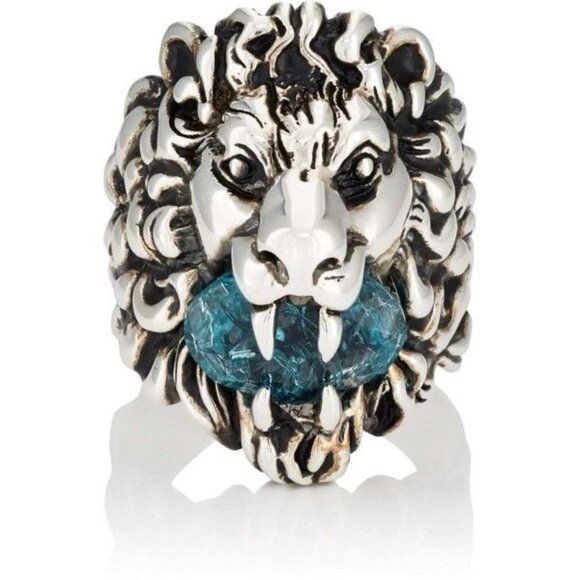 NEW Authentic Gucci Lion Head Crystal Ring In Silver & Blue Sz 10 IT 5.25 US - Picture 2 of 8